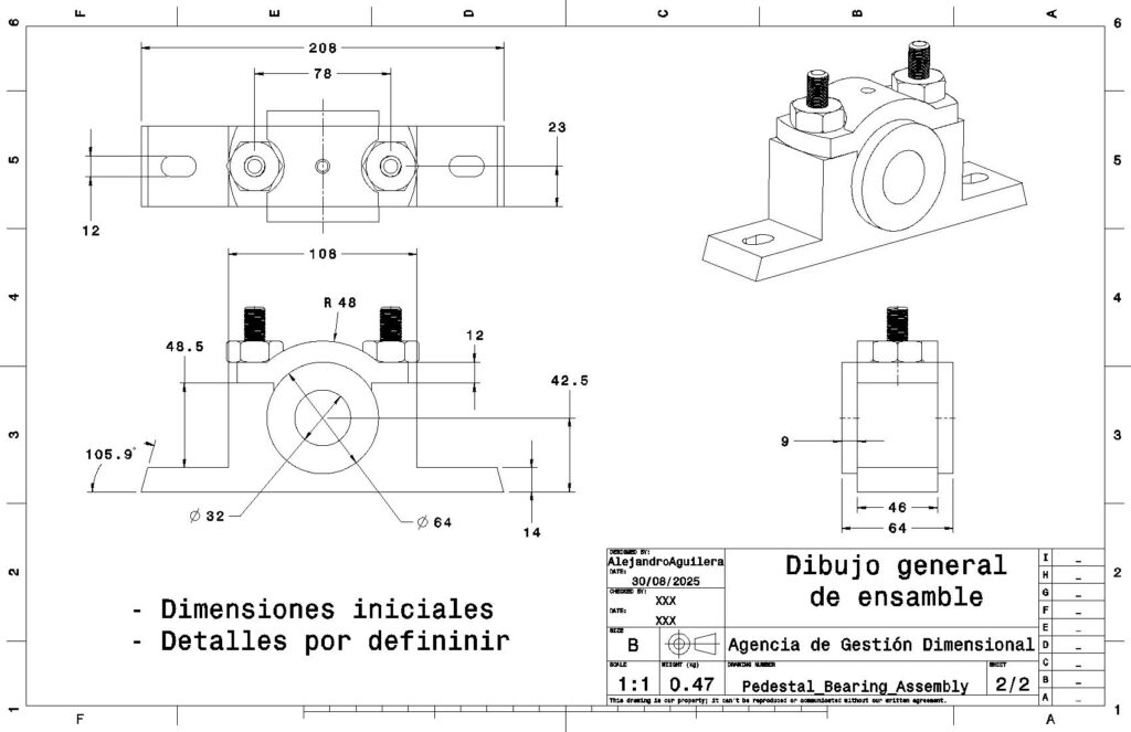 dibujo general de ensamble | plano de ensamble mecánico | ingeniería mecánica CAD | vistas ortogonales y isométricas | plano técnico con cotas | pedestal para rodamiento | documentación técnica de ensamble